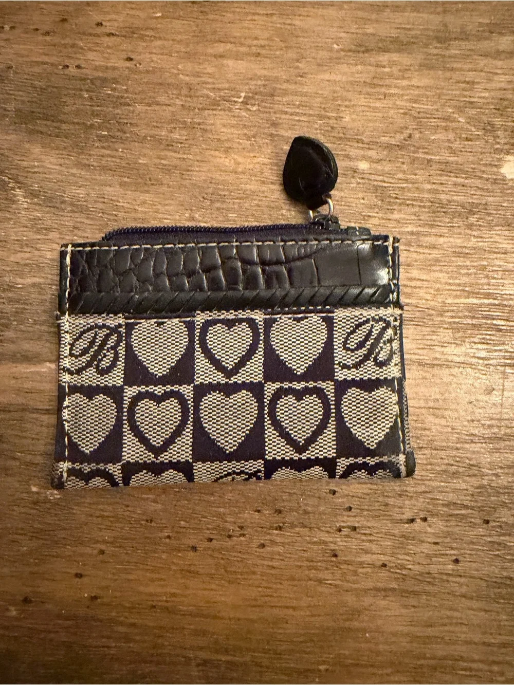 Brighton Mini Small Coin Change Purse Black Leather Fabric Hearts Zip Top